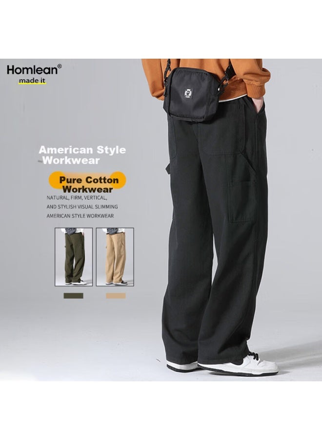 Homlean Style Workwear Men's Spring And Summer Loose-fit Pure Cotton Vintage Lumberjack Straight Casual Pants 8335 Black XL - Image 1