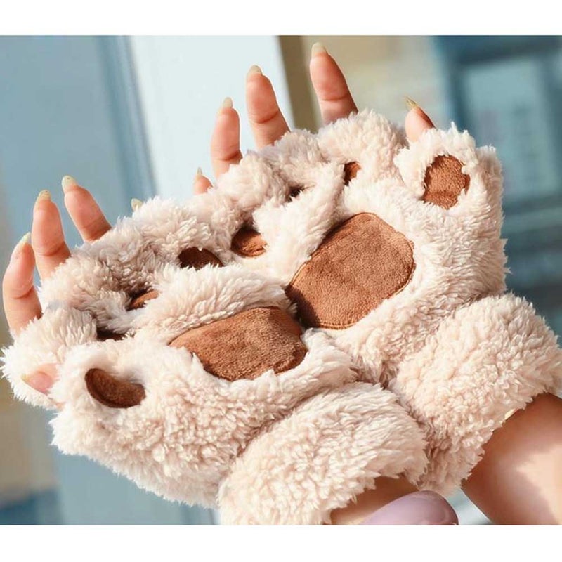 2pcs 19x16cm Warm Cat Dog Paw Plush Mittens Short Fingerless Gloves Half Finger Gloves with Rope (Beige) - Image 3