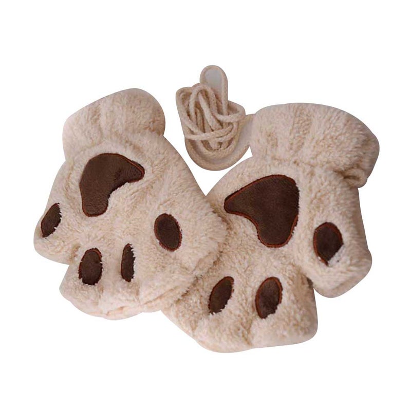 2pcs 19x16cm Warm Cat Dog Paw Plush Mittens Short Fingerless Gloves Half Finger Gloves with Rope (Beige) - Image 2
