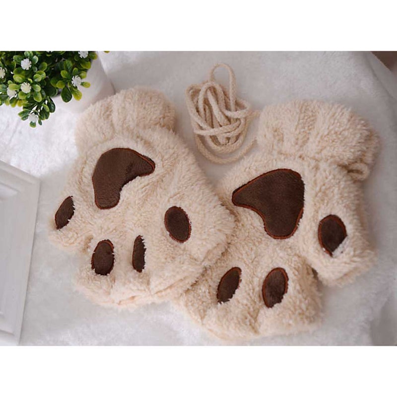 2pcs 19x16cm Warm Cat Dog Paw Plush Mittens Short Fingerless Gloves Half Finger Gloves with Rope (Beige) - Image 1