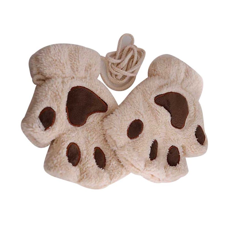 2pcs 19x16cm Warm Cat Dog Paw Plush Mittens Short Fingerless Gloves Half Finger Gloves with Rope (Beige) - Image 4