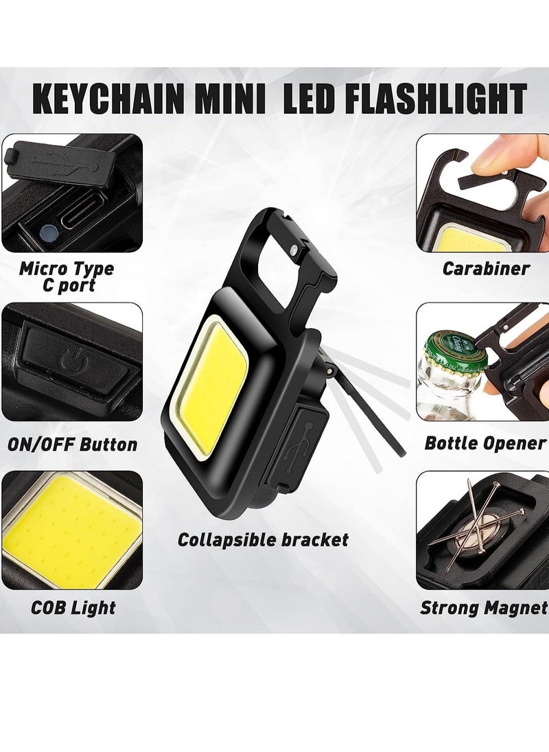 12 Pieces COB Mini Flashlight Bright Rechargeable Keychain Flashlights LED Pocket Flashlight 500 Lumens 4 Modes Flash Light Portable LED Work Lights with Folding Bracket Bottle Opener and Magnet Base