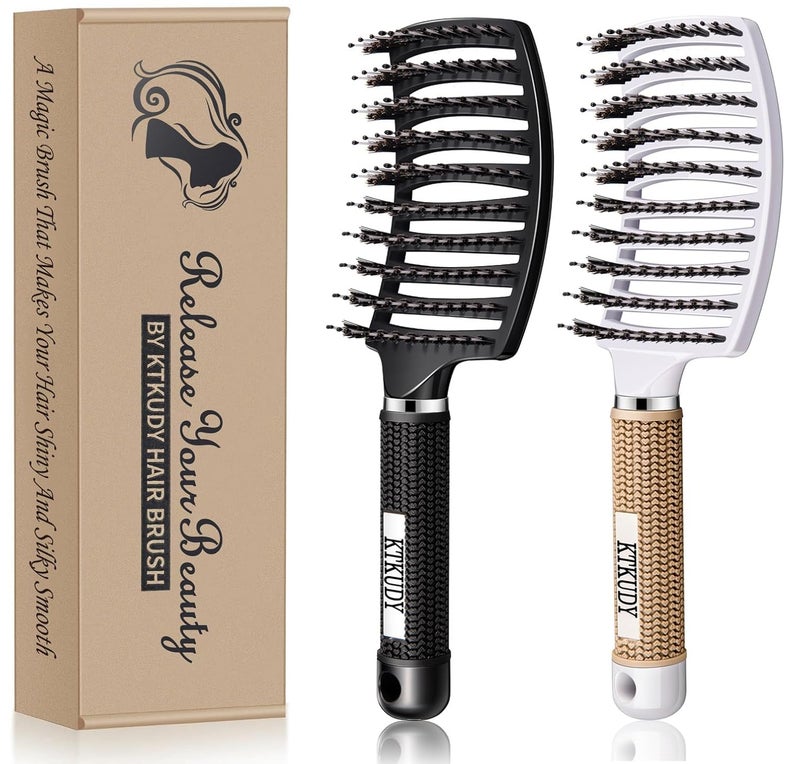 KTKUDY فرشاة فك تشابك الشعر بشعيرات خنزير مجموعة KTKUDY فرشاة منحنية ومهوّاة لفك تشابك الشعر للنساء والرجال والأطفال للشعر الرطب والجاف باللونين الأسود والأبيض