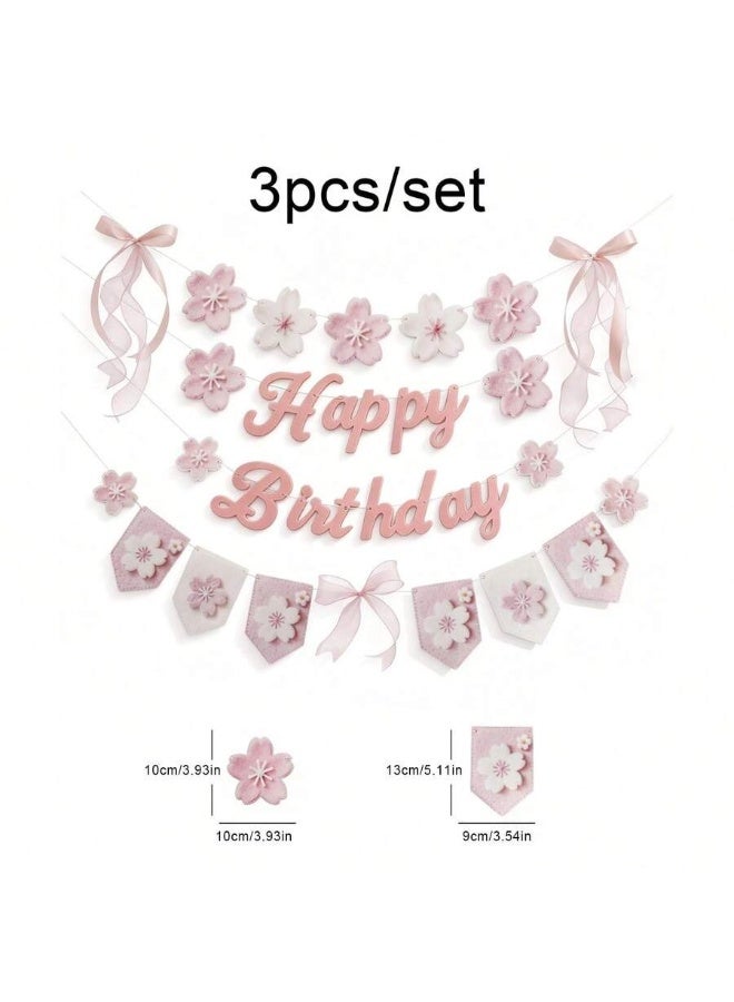 Pink Girls Happy Birthday Party Decoration Banner with Flowers and Ribbons Elegant Wall Decor - Image 2