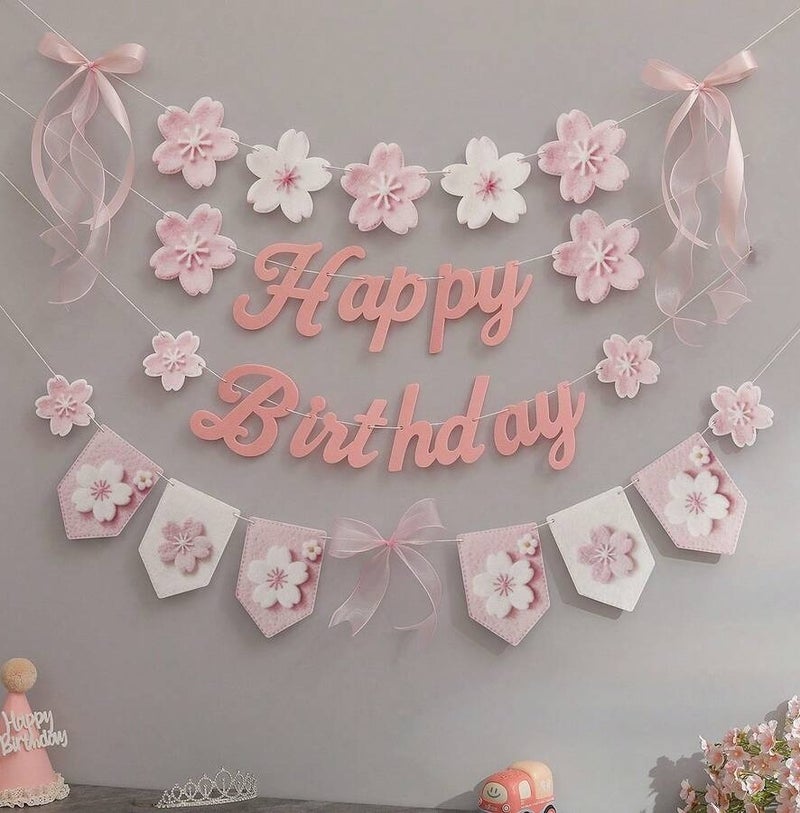 Pink Girls Happy Birthday Party Decoration Banner with Flowers and Ribbons Elegant Wall Decor - Image 1