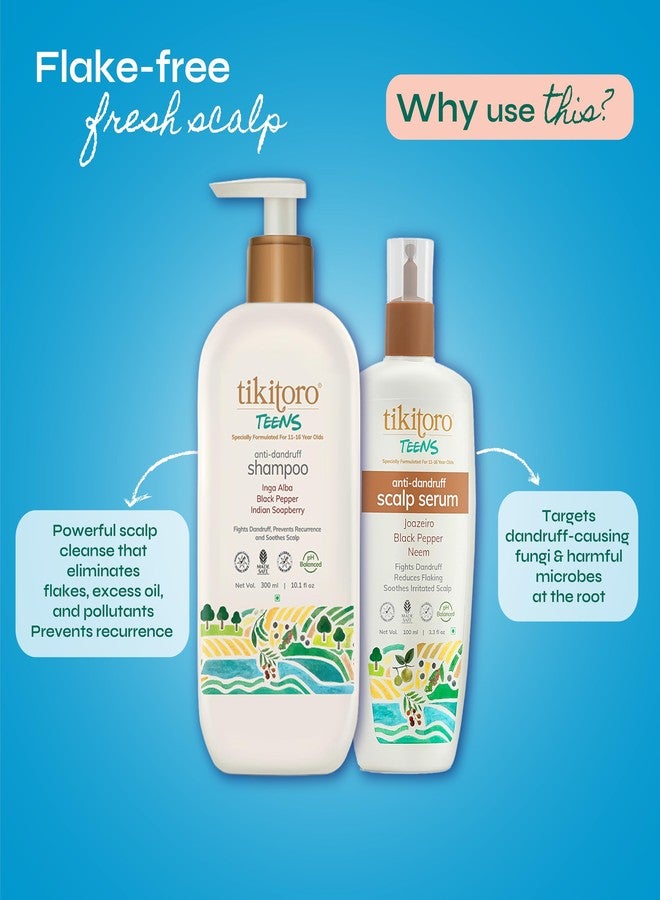Tikitoro Teens Anti-dandruff Shampoo and Scalp Serum Combo | Cleanses Scalp and Fights Dandruff Causing Fungi | All Scalp Types | No Parabens & Sulphates (Age: 11+) (300ml x 1 and 100ml x 1) - Image 2
