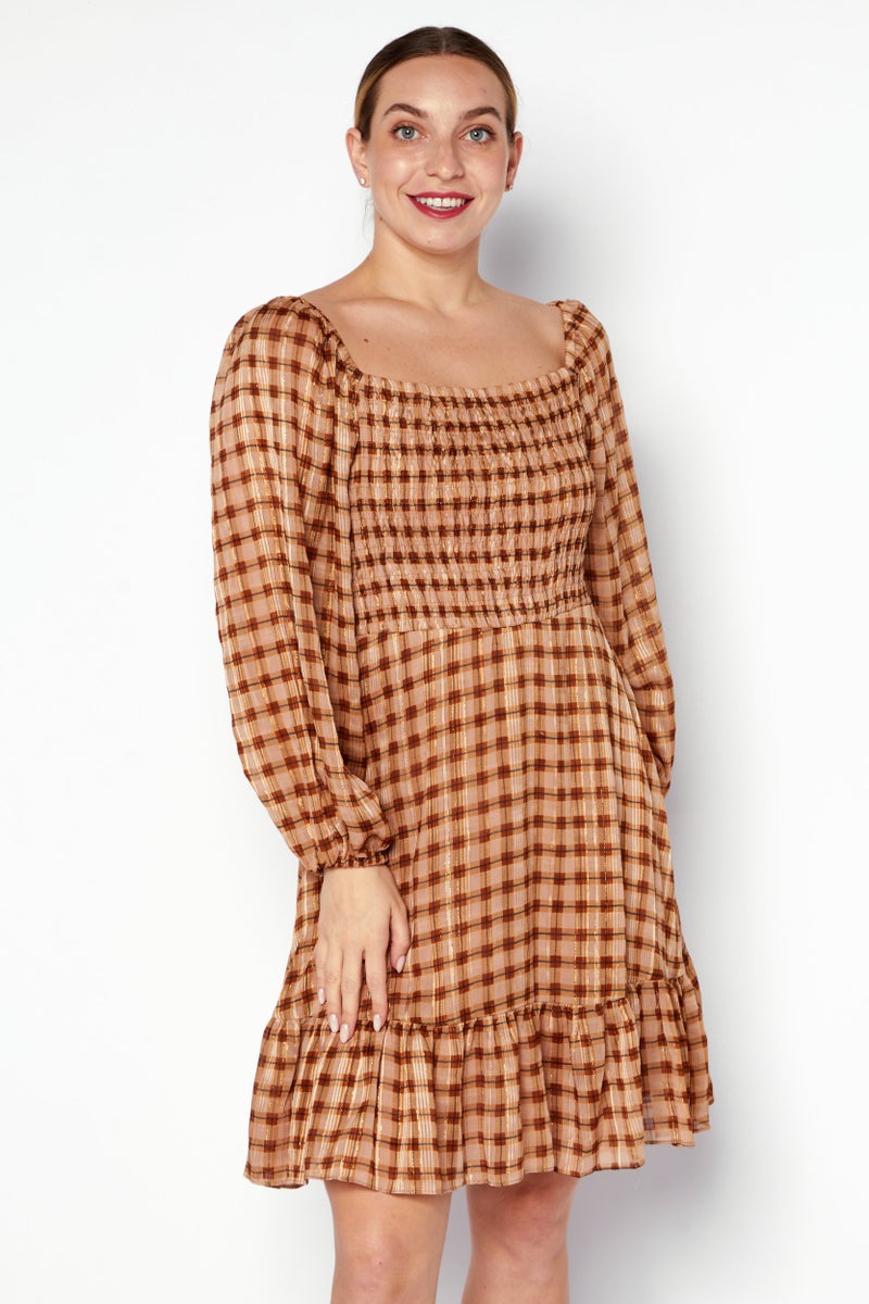 Taylor Women Petite Plaid Mini Dress, Beige - Image 1