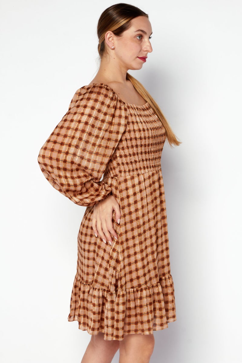 Taylor Women Petite Plaid Mini Dress, Beige - Image 3