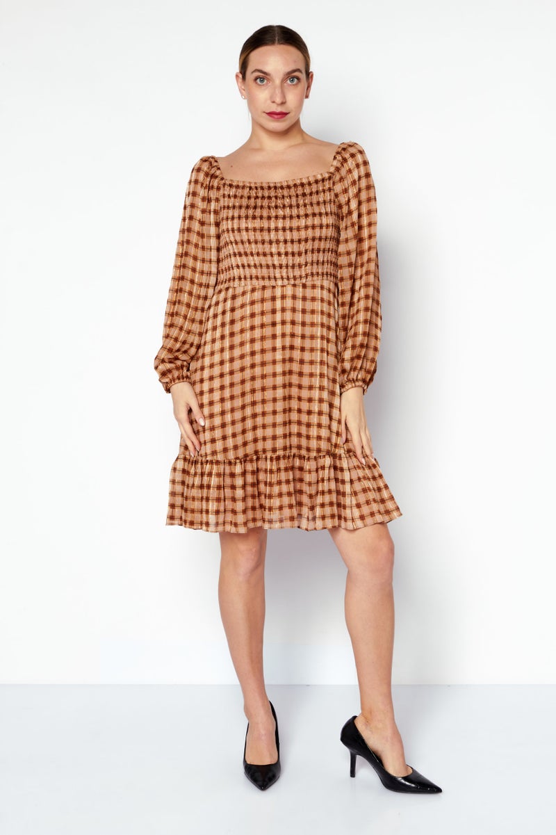 Taylor Women Petite Plaid Mini Dress, Beige - Image 2