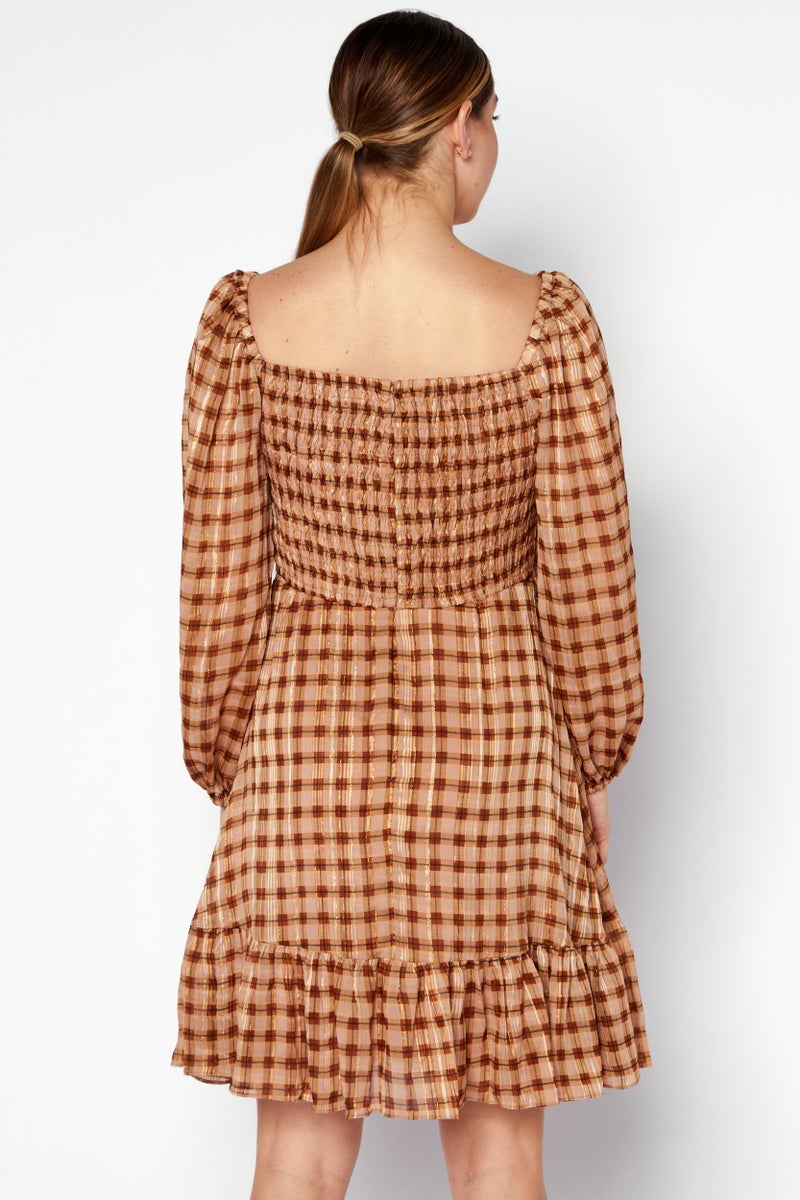 Taylor Women Petite Plaid Mini Dress, Beige - Image 2