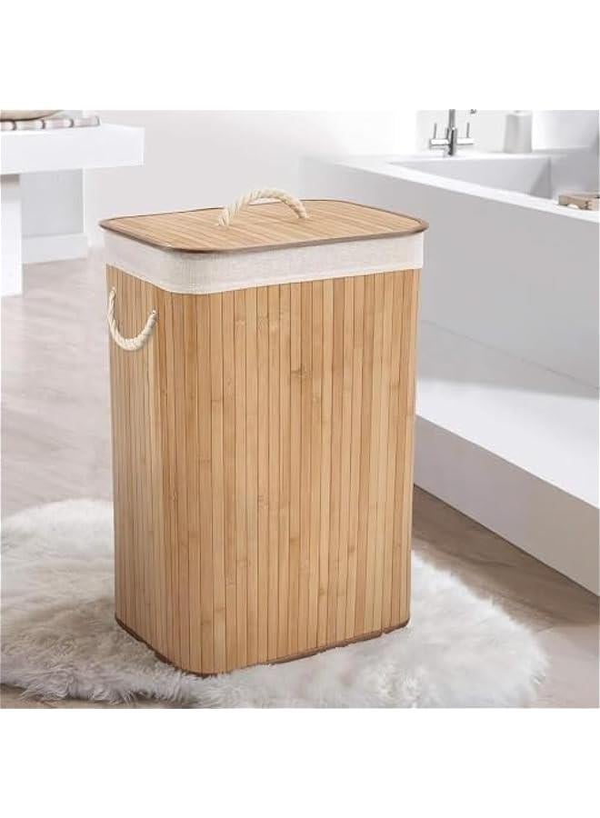 MIXDE Bamboo Laundry Hamper, Foldable Flat Laundry Basket, Rectangular Wooden Laundry Basket with Lid 40x30x60cm, Bamboo and Polyester Cotton, Light Wood/Cream (Natural, Rectangle) - Image 4
