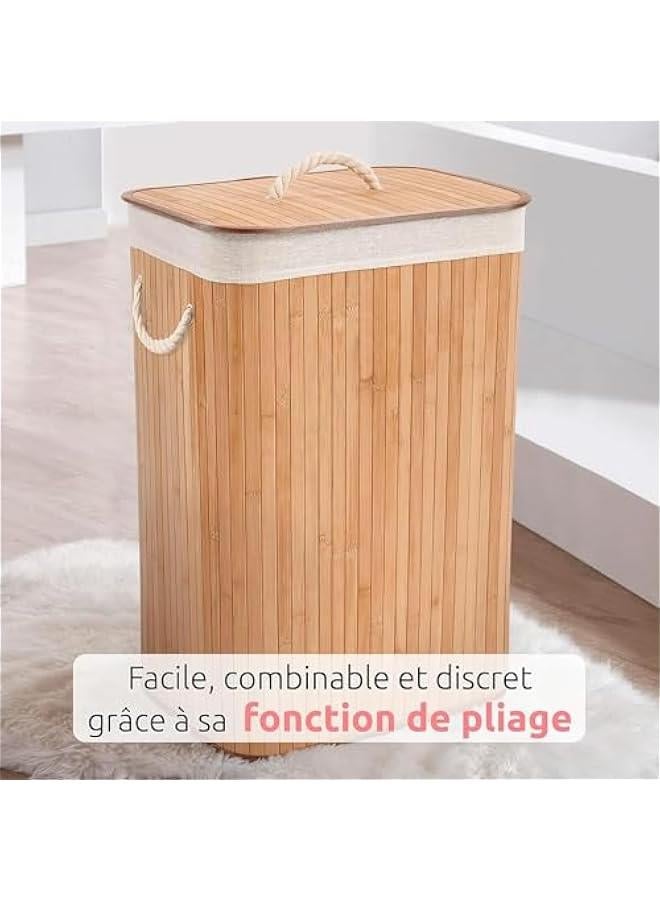 MIXDE Bamboo Laundry Hamper, Foldable Flat Laundry Basket, Rectangular Wooden Laundry Basket with Lid 40x30x60cm, Bamboo and Polyester Cotton, Light Wood/Cream (Natural, Rectangle) - Image 5