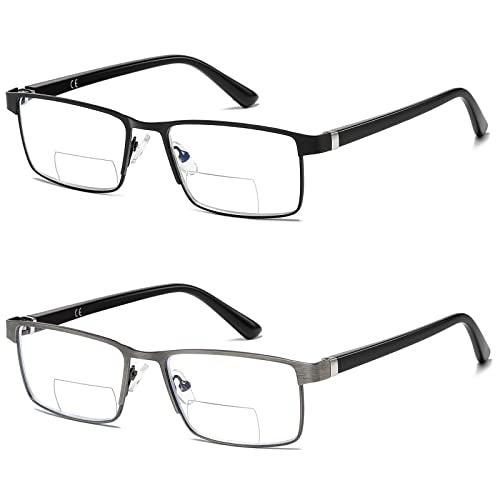 LKEYE Bifocal Reading Glasses Men Progressive Blue Light Blocking Computer Readers No Line Wide Metal Frame Designer Cheaters Transition Square Stylish Fashion Eyewear LK6013 +2.00 Strength - Image 1