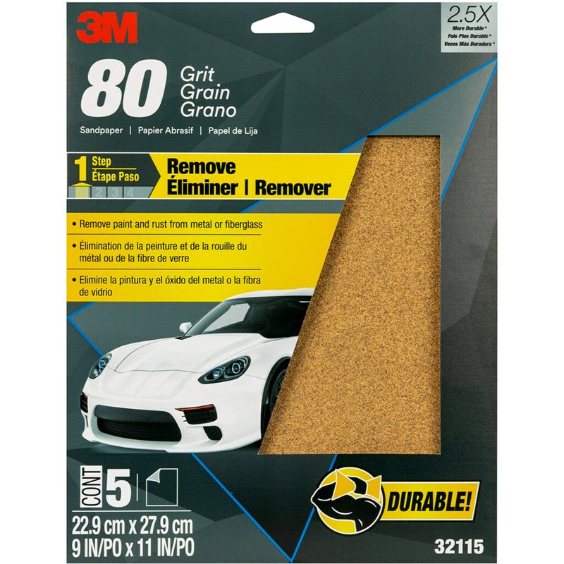 3M Sandpaper, 80 Grit, 5 Sheets, 9 in x 11 in, Longer Lasting Super Strong Abrasive, Great For Smoothing Body Filler, Shaping Glaze & Spot Putty, For Hand Or Machine Sanding (32115) - Image 1