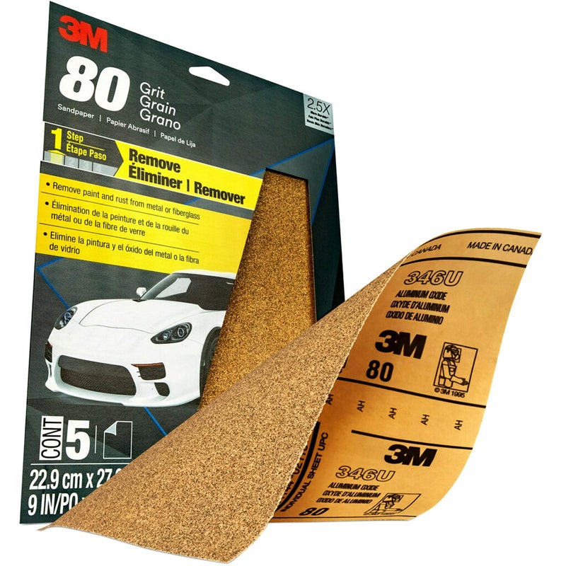 3M Sandpaper, 80 Grit, 5 Sheets, 9 in x 11 in, Longer Lasting Super Strong Abrasive, Great For Smoothing Body Filler, Shaping Glaze & Spot Putty, For Hand Or Machine Sanding (32115) - Image 3