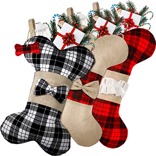 Frienda 3 Pcs Pet Dog Christmas Stockings Buffalo Plaid Hanging Christmas Stocking 165 x 10 Inch Red Black Plaid Burlap Large Bone Stockings Christmas for Xmas Tree DecorationsClassic Style