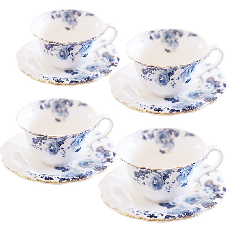 Jomop Ceramic Tea Cups Coffee Cup and Saucers Set of 4 (Blue and Red) - Image 1