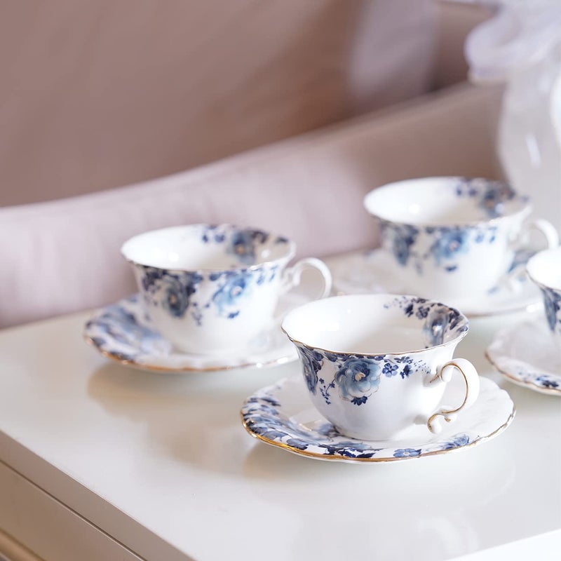 Jomop Ceramic Tea Cups Coffee Cup and Saucers Set of 4 (Blue and Red) - Image 4