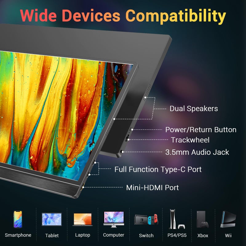 KYY شاشة KYY المحمولة 15.6 بوصة FHD 1080P USB C HDMI شاشة ألعاب رفيعة للغاية مع غطاء ذكي ومكبرات صوت، توصيل وتشغيل، شاشة خارجية للكمبيوتر المحمول والكمبيوتر والهاتف وماك وإكس بوكس وPS4 - Image 3