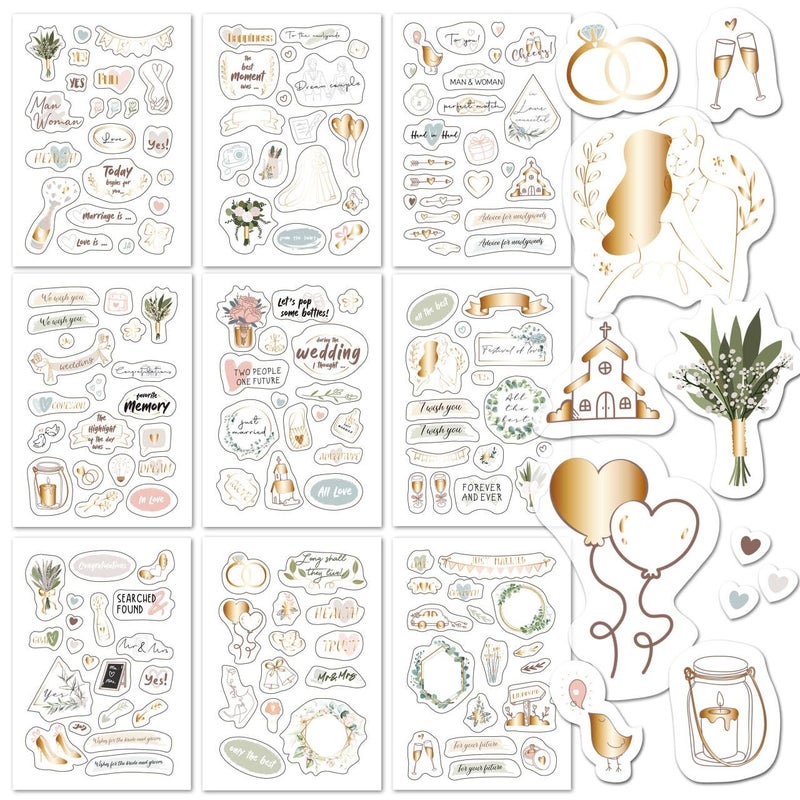 BIROYAL Wedding Stickers for Scrapbook | 9 Sheets Wedding Scrapbook Stickers | 200+ Waterproof Sticker | Bridal Shower Engagement Marriage Anniversary for Engagement Planning Embellishments - Image 1