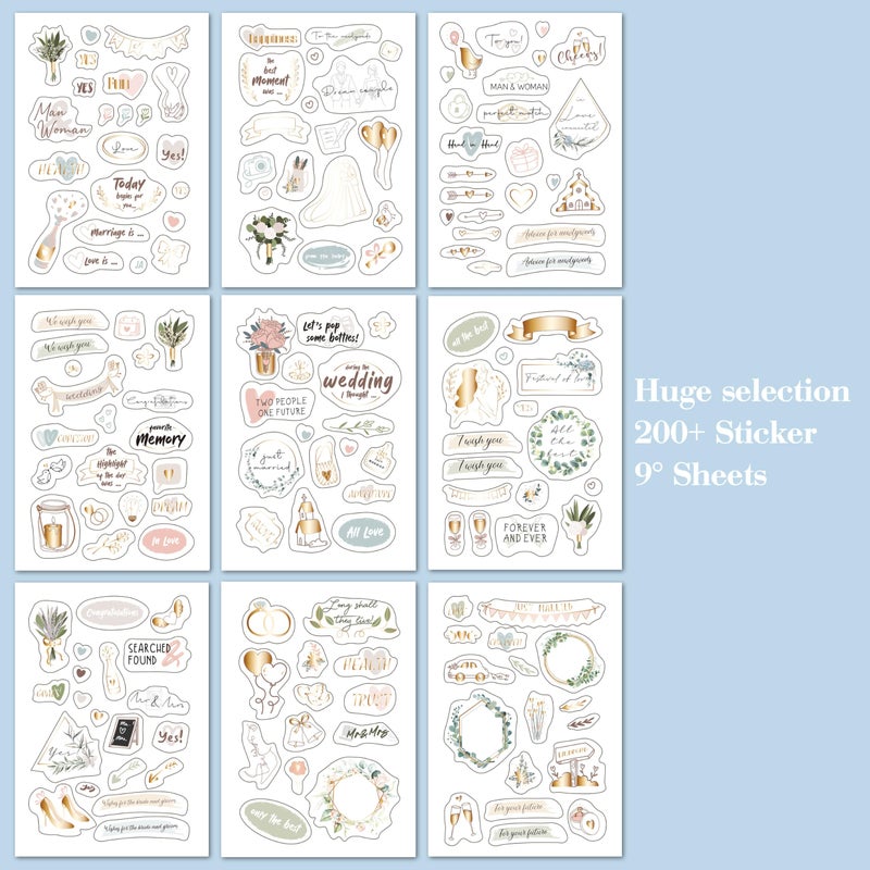 BIROYAL Wedding Stickers for Scrapbook | 9 Sheets Wedding Scrapbook Stickers | 200+ Waterproof Sticker | Bridal Shower Engagement Marriage Anniversary for Engagement Planning Embellishments - Image 4