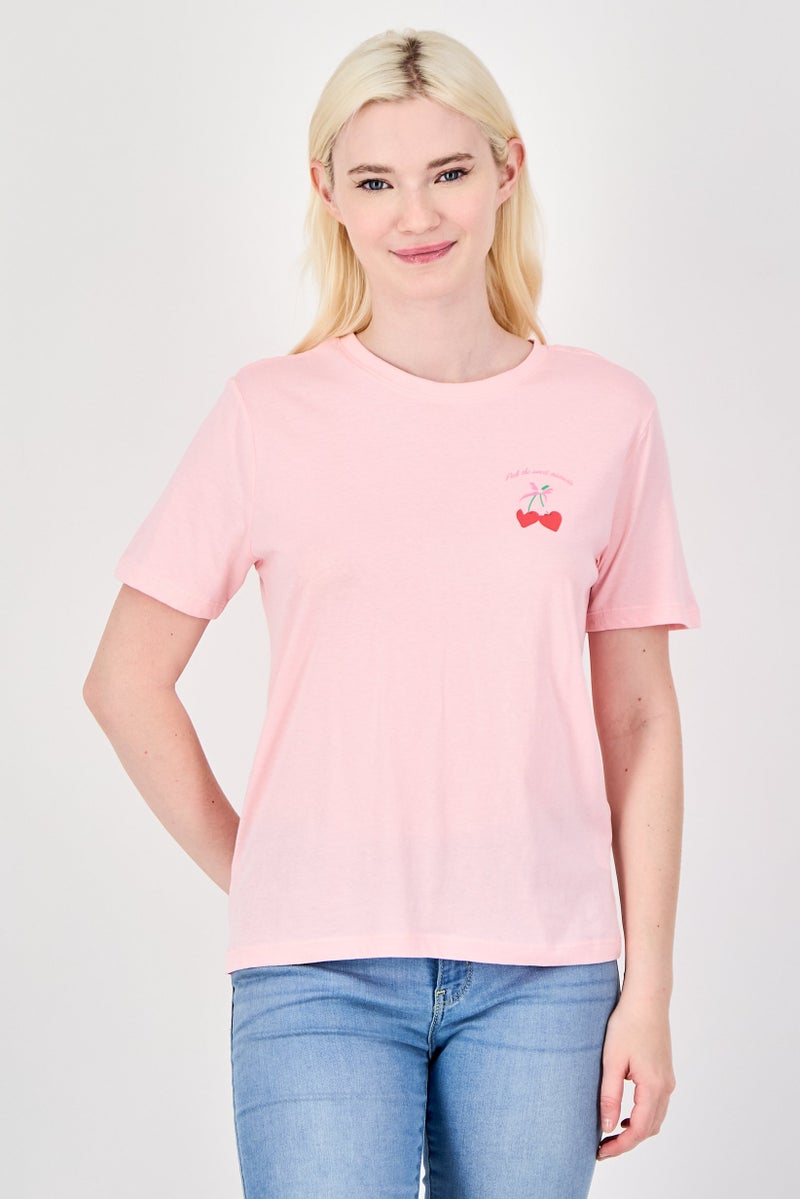 ONLY Women Crew Neck Short Sleeve Graphic Print T-Shirt, Pink - Image 1