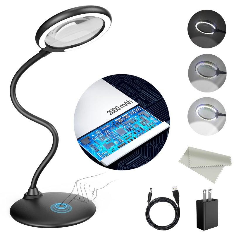 5X Rechargeable Magnifying Glass with Light and Stand Raweao Dimmable Lighted Magnifying Lamp Glass for Reading Close Work Hobbies Crafts