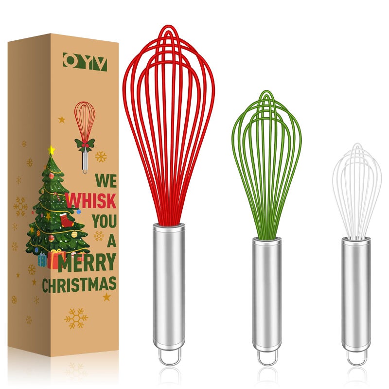OYV Christmas Whisk Set - 3 Sizes (12”, 10”, 8”) - Holiday Red, Green & White Stainless Steel Whisks for Baking, Cooking & Mixing, Christmas Gift for Bakers & Home Chefs - Image 1