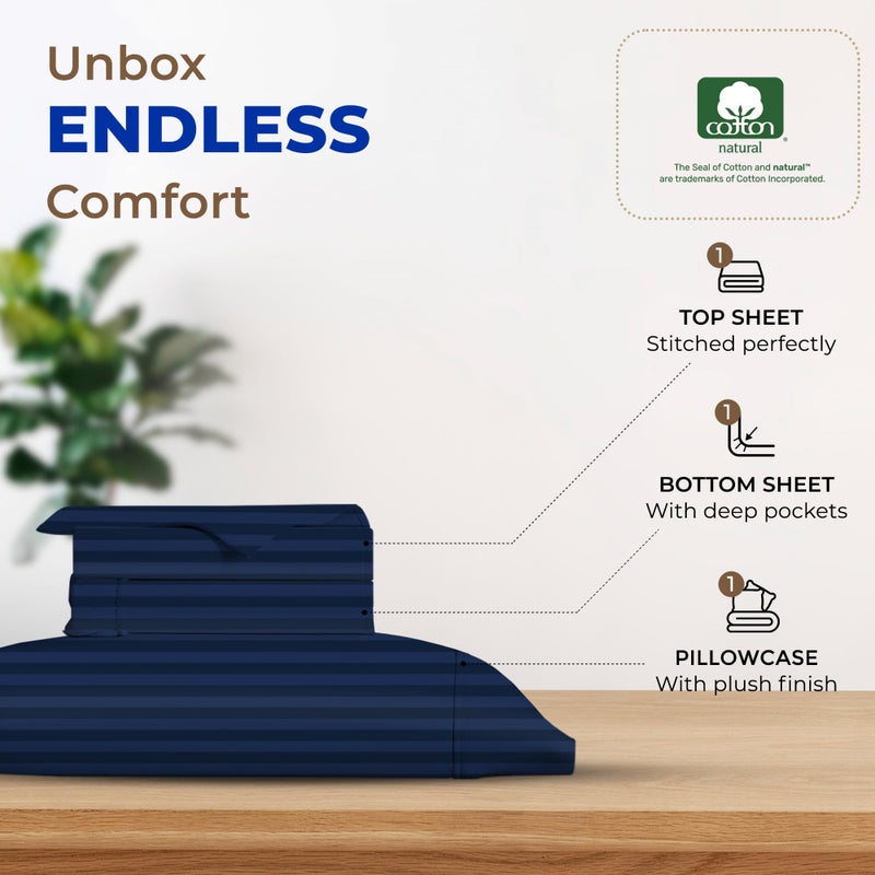 THREAD SPREAD Striped Egyptian Cotton Sheets Twin XL Size - 600 Thread Count 3 PC Damask Twin XL Sheets Deep Pockets  Sateen Weave College Dorm Bedding Twin XL  Fits Mattress Upto 18"" - Navy Blue - Image 3