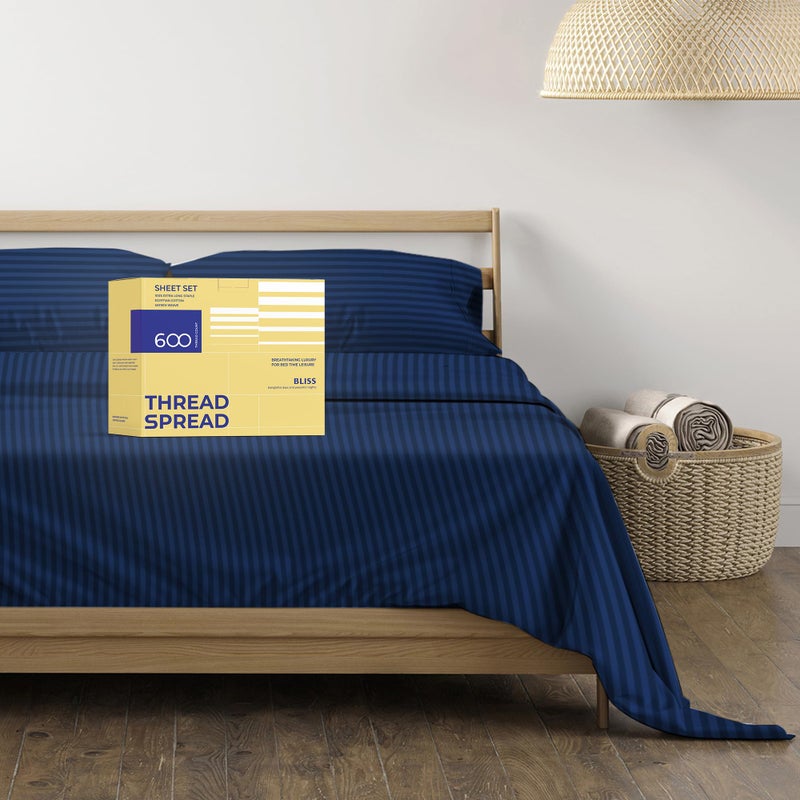 THREAD SPREAD Striped Egyptian Cotton Sheets Twin XL Size - 600 Thread Count 3 PC Damask Twin XL Sheets Deep Pockets  Sateen Weave College Dorm Bedding Twin XL  Fits Mattress Upto 18"" - Navy Blue - Image 1