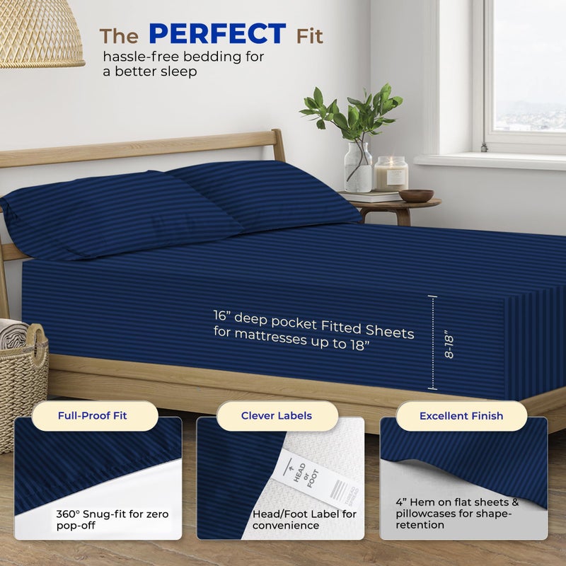 THREAD SPREAD Striped Egyptian Cotton Sheets Twin XL Size - 600 Thread Count 3 PC Damask Twin XL Sheets Deep Pockets  Sateen Weave College Dorm Bedding Twin XL  Fits Mattress Upto 18"" - Navy Blue - Image 4