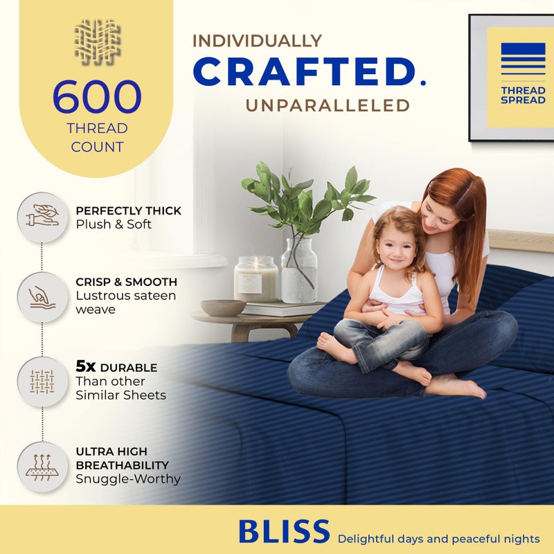 THREAD SPREAD Striped Egyptian Cotton Sheets Twin XL Size - 600 Thread Count 3 PC Damask Twin XL Sheets Deep Pockets  Sateen Weave College Dorm Bedding Twin XL  Fits Mattress Upto 18"" - Navy Blue - Image 2