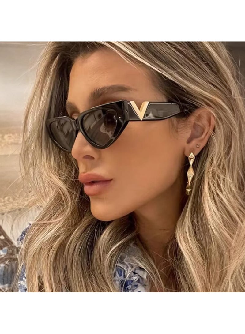 amazing.EGP Women's Sunglasses with Metal V Logo, Black Frames, Geometric Lenses, 54mm  - Image 2