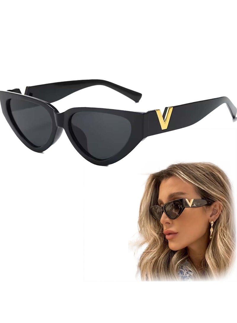 amazing.EGP Women's Sunglasses with Metal V Logo, Black Frames, Geometric Lenses, 54mm  - Image 1