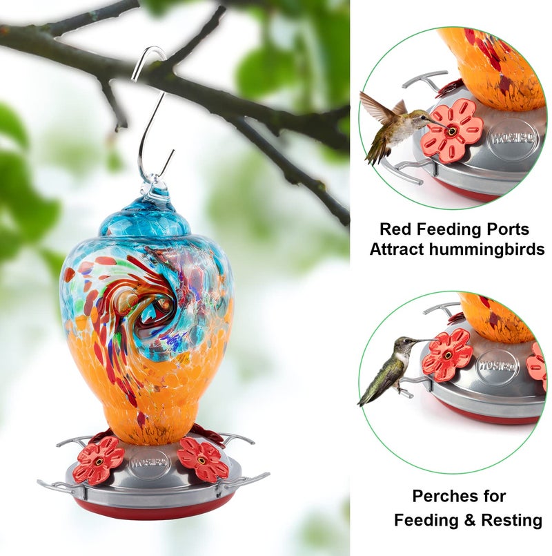 WOSIBO Hummingbird Feeder for Outdoors Patio Large 32 Ounces Colorful Hand Blown Glass Hummingbird Feeder with Ant Moat Hanging Hook, Rope, Brush and Service Card (Blue-Orange) - Image 2