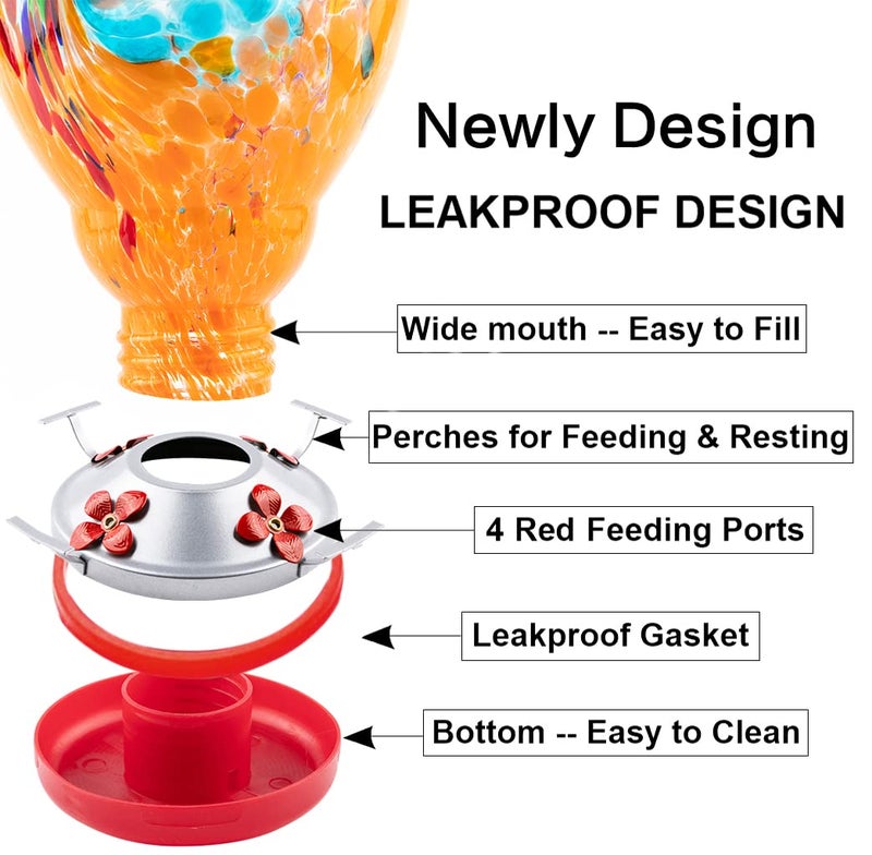 WOSIBO Hummingbird Feeder for Outdoors Patio Large 32 Ounces Colorful Hand Blown Glass Hummingbird Feeder with Ant Moat Hanging Hook, Rope, Brush and Service Card (Blue-Orange) - Image 4