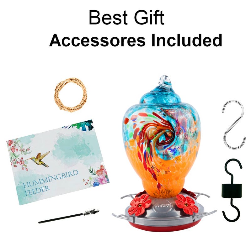 WOSIBO Hummingbird Feeder for Outdoors Patio Large 32 Ounces Colorful Hand Blown Glass Hummingbird Feeder with Ant Moat Hanging Hook, Rope, Brush and Service Card (Blue-Orange) - Image 5