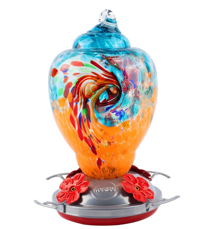 WOSIBO Hummingbird Feeder for Outdoors Patio Large 32 Ounces Colorful Hand Blown Glass Hummingbird Feeder with Ant Moat Hanging Hook, Rope, Brush and Service Card (Blue-Orange) - Image 1