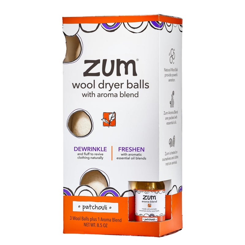 ZUM Indigo Wild Zum Laundry Dryer Balls Kit - Wool Laundry Balls for The Dryer - Essential Oil Spray - Reusable Drying Balls for Laundry - Patchouli - (3 Dryer Balls, 1 Aroma Blend) - Image 1