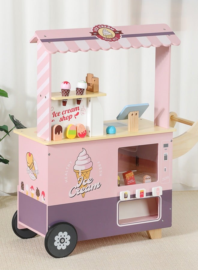 JSAITOYS Dream Pink Wooden Mobile Ice Cream Truck Open The Sweet Sales Experience - Image 1