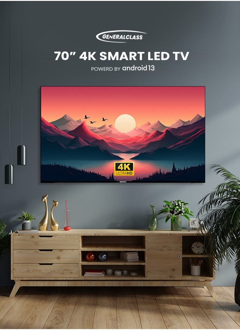 GENERAL CLASS General Class SMART TV 70 Inches Frameless Screen, Android 13, 8GB + 1.5GB RAM, LED Ultra HD 4K, 2 USB Ports, 3 HDMI Ports, 2 Speakers with 8 Watts Each, Model 70US8000  - Image 1