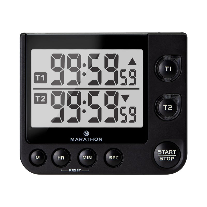 Marathon Marathon 100 Hour Dual Digital Timer Black  Large EasytoRead LCD Display  Loud Ring Alarm  2 AAA Batteries Included 