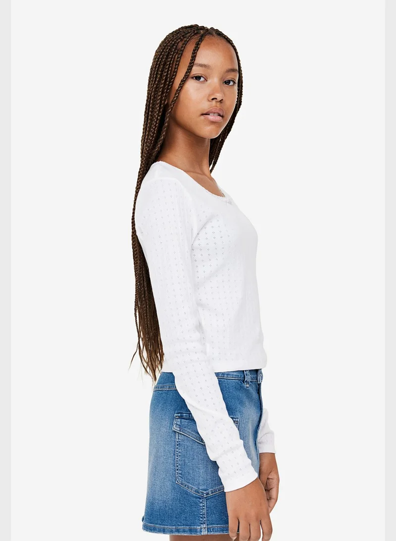 H&M Youth Essential Lace Trimmed Pointelle Jersey Top