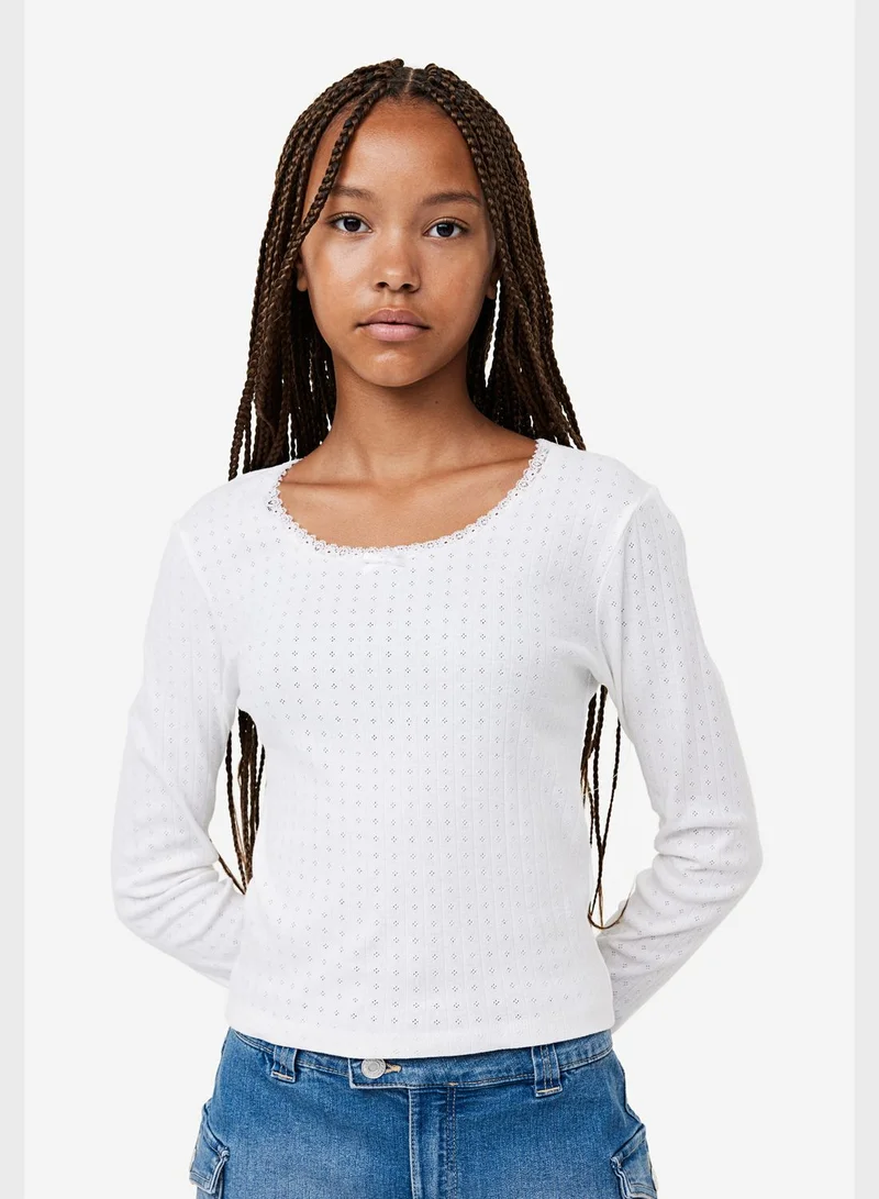 H&M Youth Essential Lace Trimmed Pointelle Jersey Top