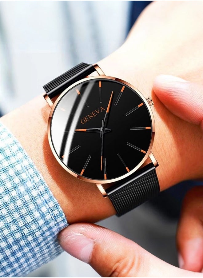 Geneva - Quartz men's watch with mesh strap (rose gold needle, rose gold shell and black mesh strap) - Image 1