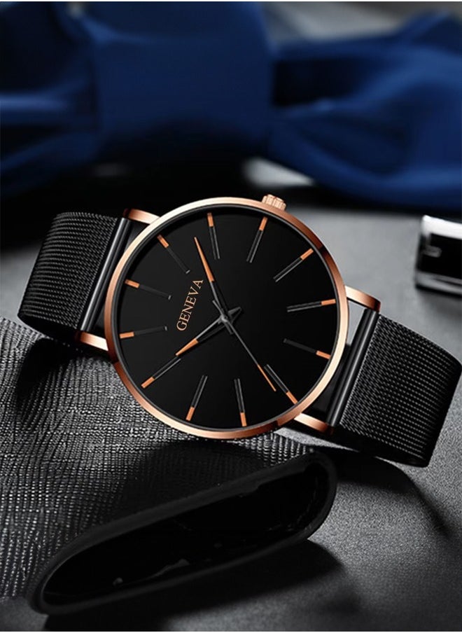 Geneva - Quartz men's watch with mesh strap (rose gold needle, rose gold shell and black mesh strap) - Image 1