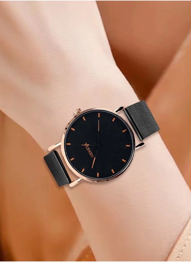 Geneva - Quartz men's watch with mesh strap (rose gold needle, rose gold shell and black mesh strap) - Image 1
