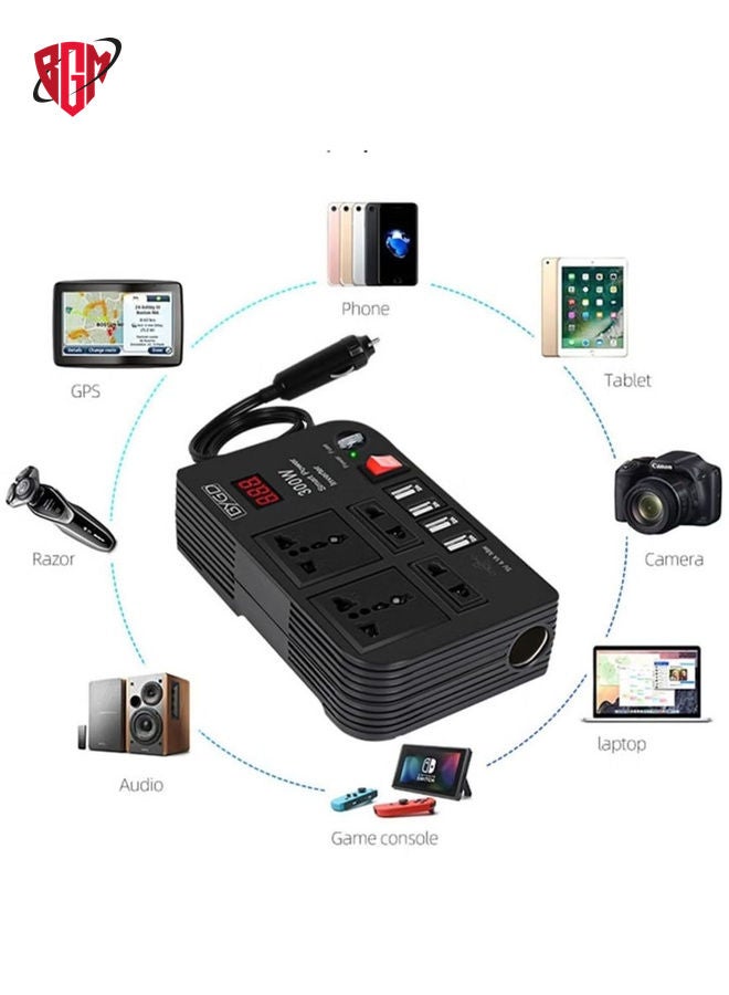 BYGD 300W Car Power Inverter DC 12V/24V to 220V AC with 4 USB Ports Fast Charging with 2 Universal Sockets with Multifunctional LED Display Photovoltaic Inverter  - Image 2