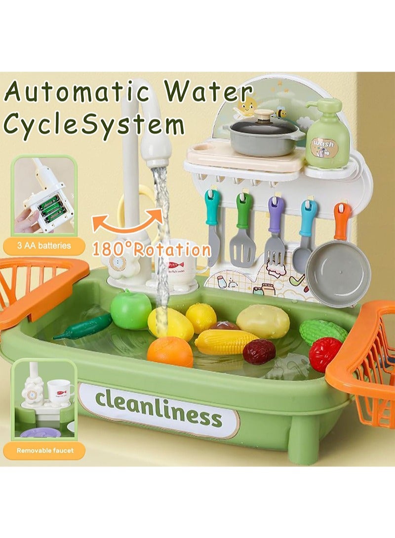 Yoawllty 34Pcs Kids Kitchen Sink Toy, Electric Dishwasher Toy with Running Water, Kitchen Toys with Automatic Water Cycle System, Kitchen Fruits and Vegetables Set for Kids(Green)  - Image 5