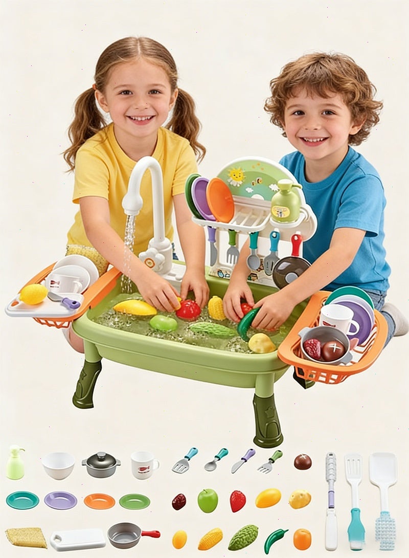 Yoawllty 34Pcs Kids Kitchen Sink Toy, Electric Dishwasher Toy with Running Water, Kitchen Toys with Automatic Water Cycle System, Kitchen Fruits and Vegetables Set for Kids(Green) - Image 1